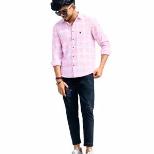 Light Pink Check Shirt for Men | Men's Casual Checked Shirt | Pink Plaid Shirt | Full Sleeve Check Shirt | Stylish Men's Shirt | Casual Wear Shirt for Men | Trendy Checkered Shirt | Office Wear Shirt | Regular Fit Shirt for Men | Fashionable Pink Shirt.